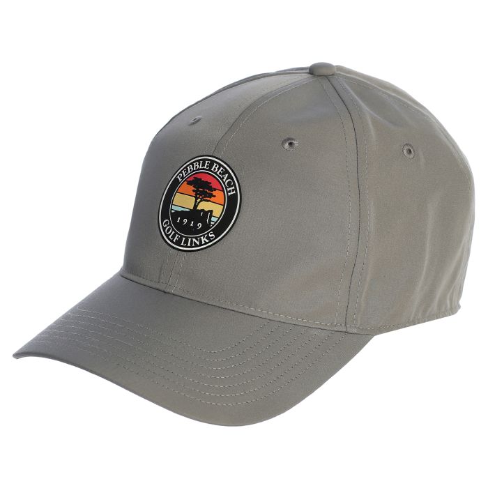 Gray cap with a colorful sunset and pebble beach golf links logo on a white background
