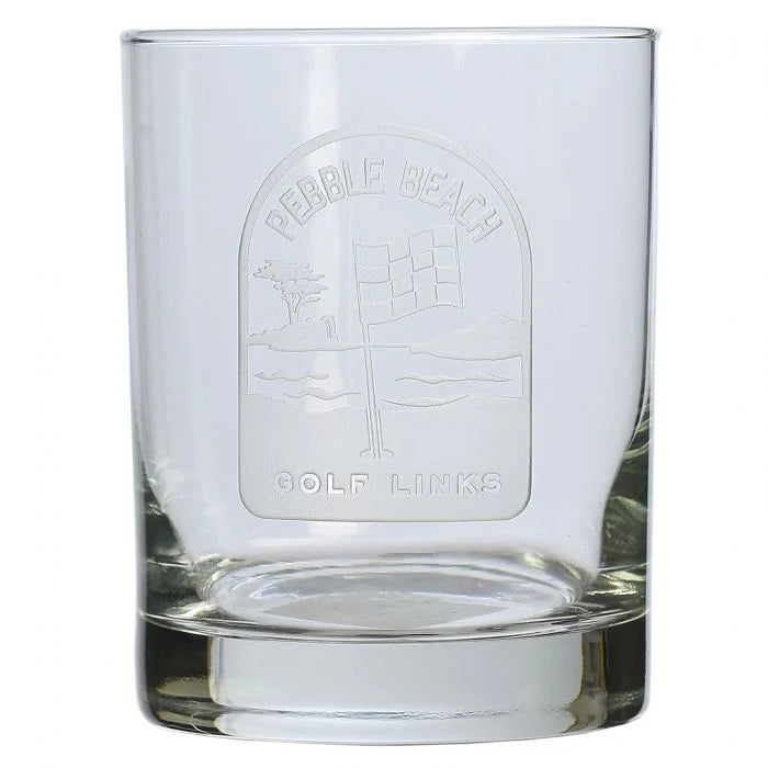 Rocks glass with pebble beach golf links pin flag engraving design on a white background 