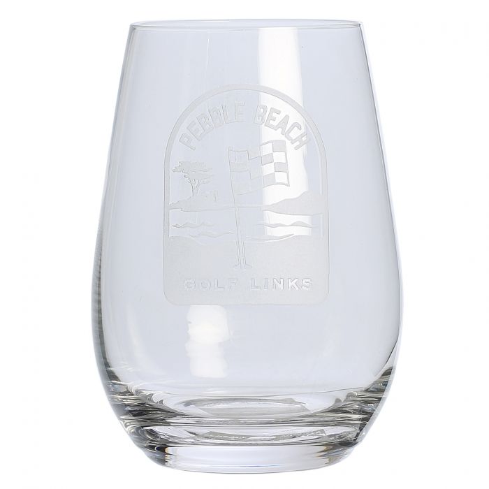 Steam less wine glass with a pebble beach golf links pin flag engraving design on a white background