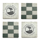 Set of four square wooden coasters with green checkered and logo designs, featuring 'Pebble Beach Golf Links' branding.