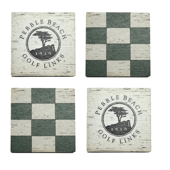Set of four square wooden coasters with green checkered and logo designs, featuring 'Pebble Beach Golf Links' branding.