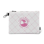 Pink and white quilted pouch with a pink pebble beach golf links logo on a white background