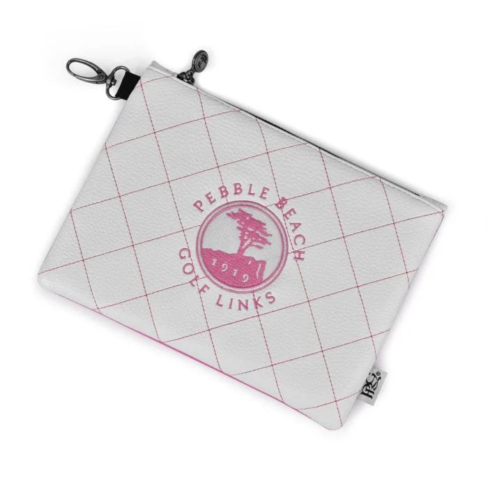 pink and white quilted pouch with a pink pebble beach golf links logo on a white background