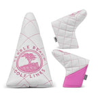 Pink and white quilted putter blade head cover with a pink pebble beach golf links log on a white background
