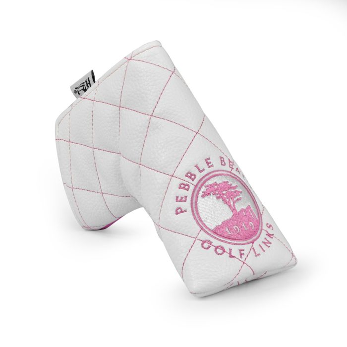 Pink and white quilted putter blade head cover with a pebble beach golf links logo on a white background