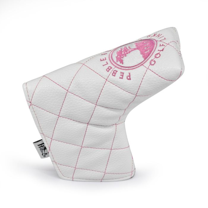 Pink and white quilted blade putter head cover with a pink pebble beach golf links logo on a white background