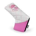 Pink and white quilted putter blade head cover with a pink pebble beach golf links logo on a white background