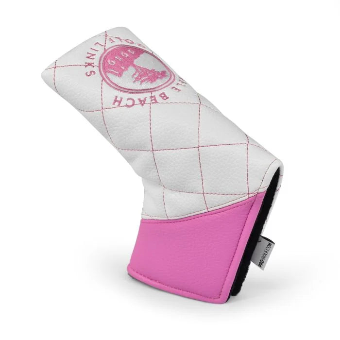 Pink and white quilted putter blade head cover with a pink pebble beach golf links logo on a white background