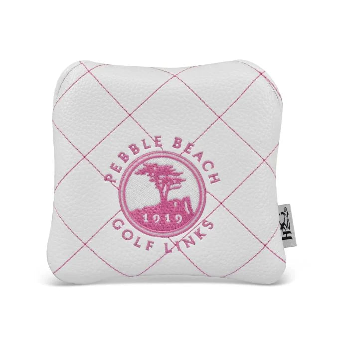 Pink and white quilted mallet putter head cover with a pink pebble beach golf links logo on a white background