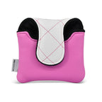 Pink and white quilted mallet putter head cover on a white background