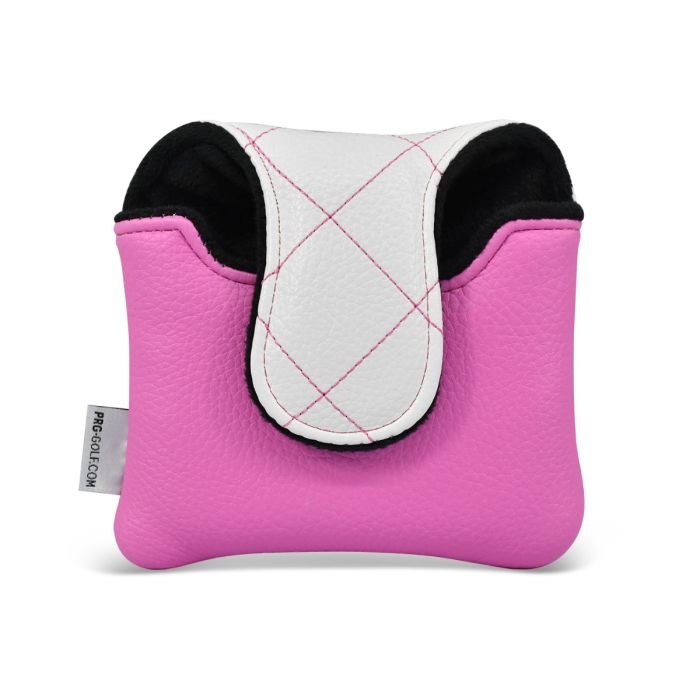 Pink and white quilted mallet putter head cover on a white background