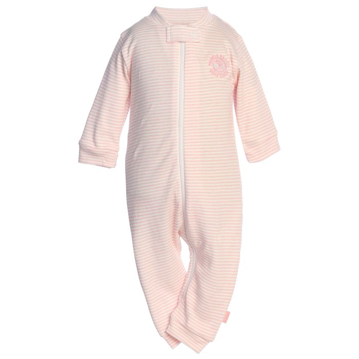Pink baby onesie with a small pebble beach logo on a white background