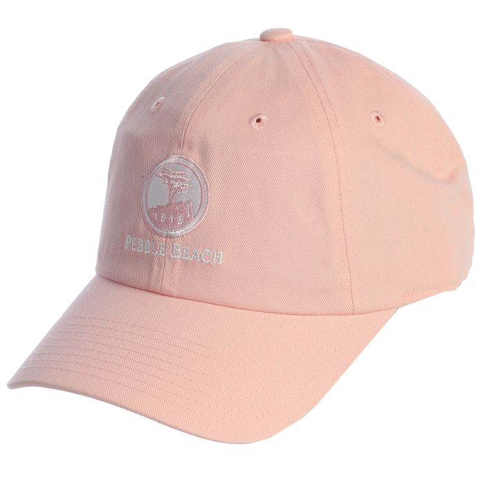Pink cap with a logo and text on a white background