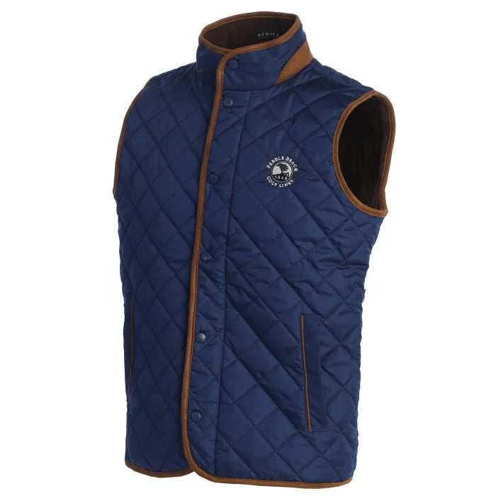 Blue quilted vest with brown trim and a white pebble beach logo on a white background