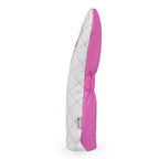 Pink and white quilted driver head cover on a white background