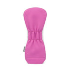 Pink and white quilted rescue head cover on a white background