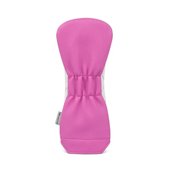 Pink and white quilted rescue head cover on a white background