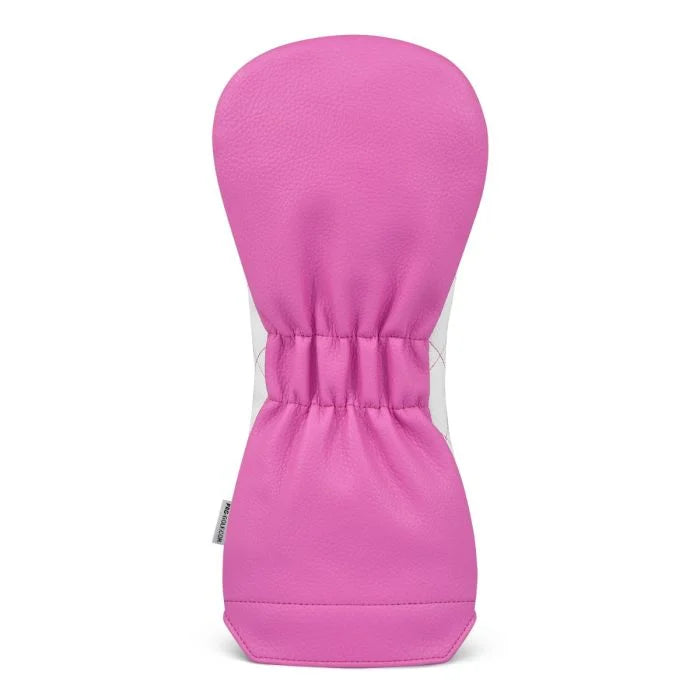 Pink and white quilted diver head cover on a white background
