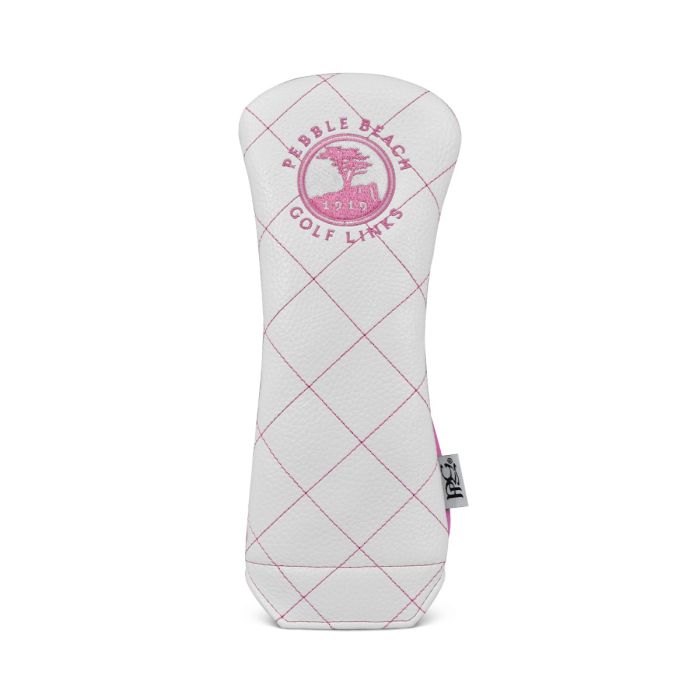 Pink and white quilted rescue head cover with a pink pebble beach golf links logo on a white background
