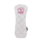 Pink and white quilted rescue head cover with a pink pebble beach golf links logo on a white background