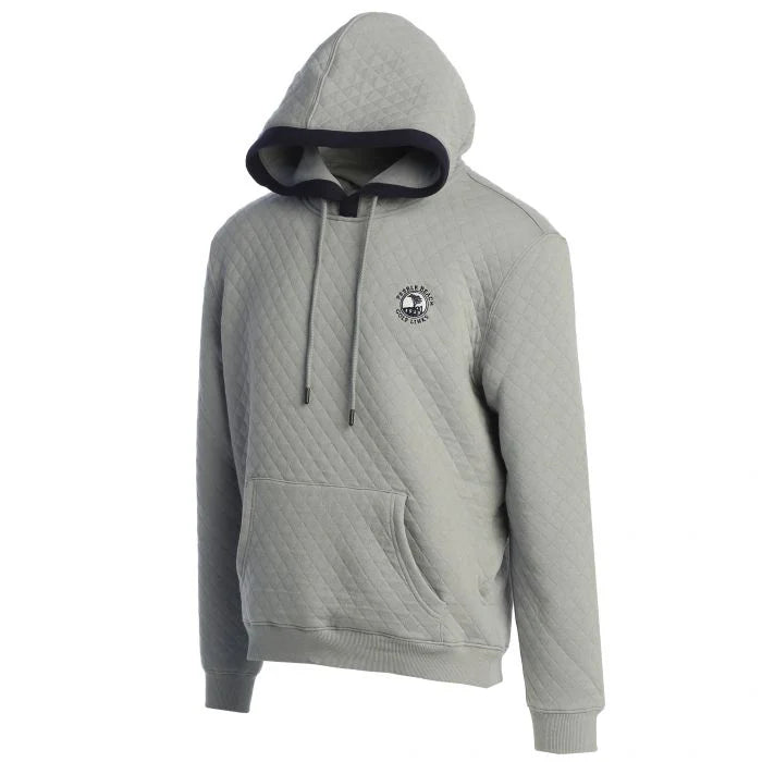 Gray quilted hoodie with navy blue trim on the hood and a pebble beach logo on the chest against a white background