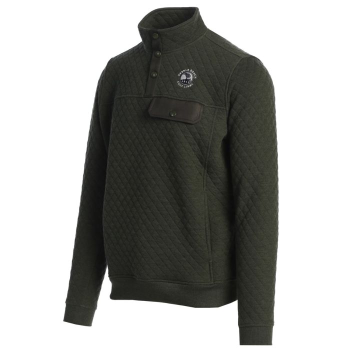 Green quilted quarter button pullover with a white pebble beach logo on a white background