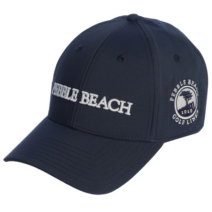 Navy blue cap with 'Pebble Beach' text on the front and pebble beach golf links log on the side on a white background