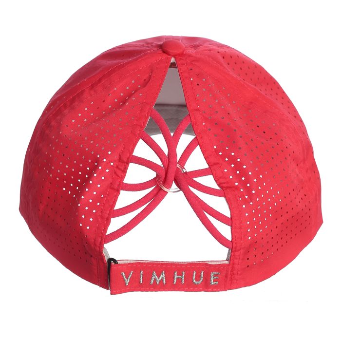 Back of a bright pink cap with a unique criss cross design on a white background