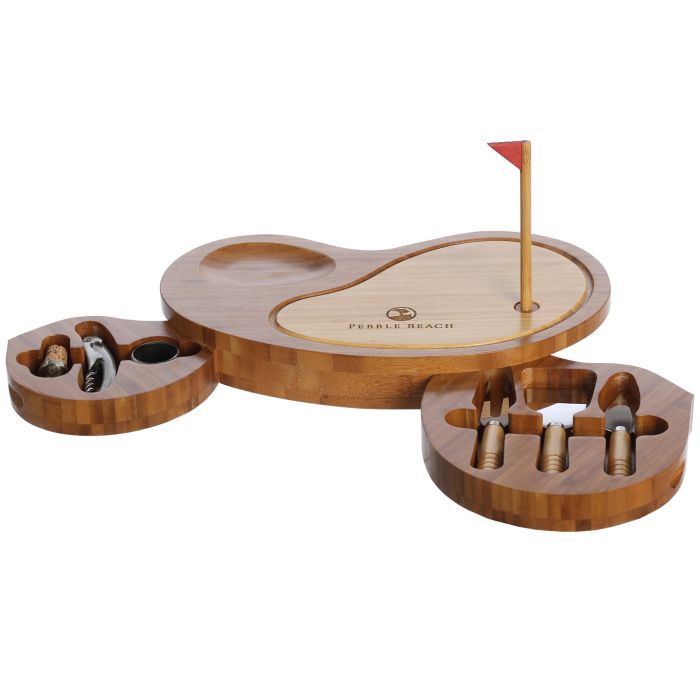Wooden mini golf cheese board with flag and accessories on a white background