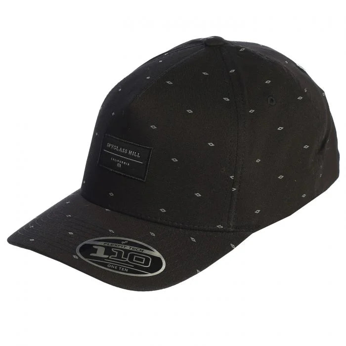Black cap with white speckles and spyglass hill logo on a white background