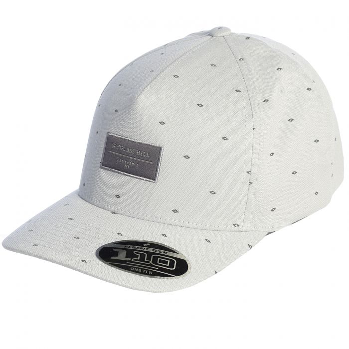 White cap with gray speckles and spy glass hill in logo in grey on a white background
