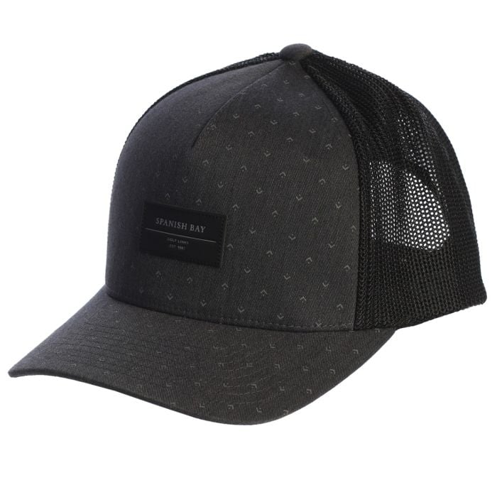 Black mesh cap with a Spanish bay label on a white background