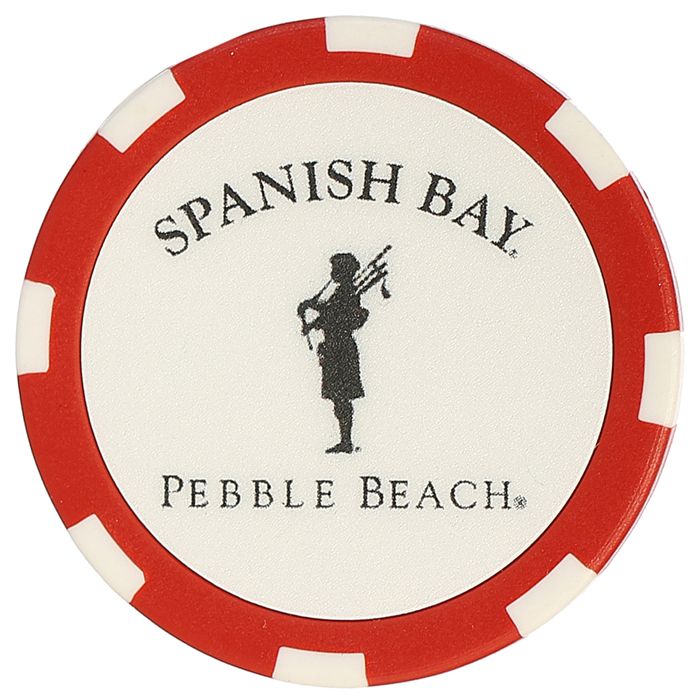 Red and white poker chip with a 'Spanish Bay Pebble Beach' logo on a white background