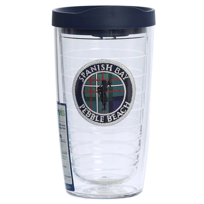 Clear tumbler with a navy lid featuring a Spanish bay logo on a white background