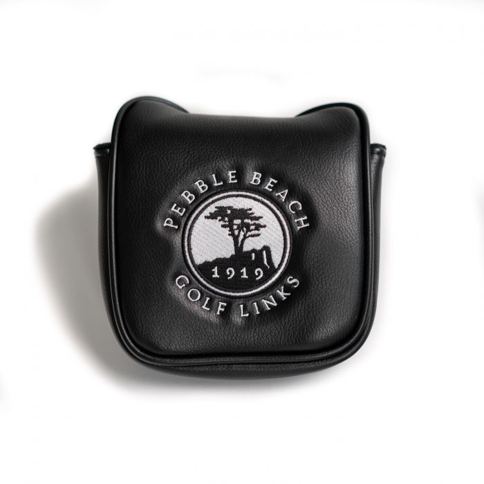 Black leather golf club head cover with Pebble Beach Golf Links logo on a white background