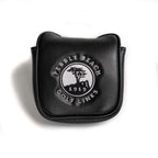 Black leather golf club head cover with Pebble Beach Golf Links logo on a white background