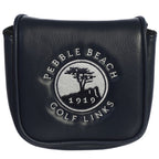 Black leather golf club head cover Pebble Beach Golf Links logo on a white background