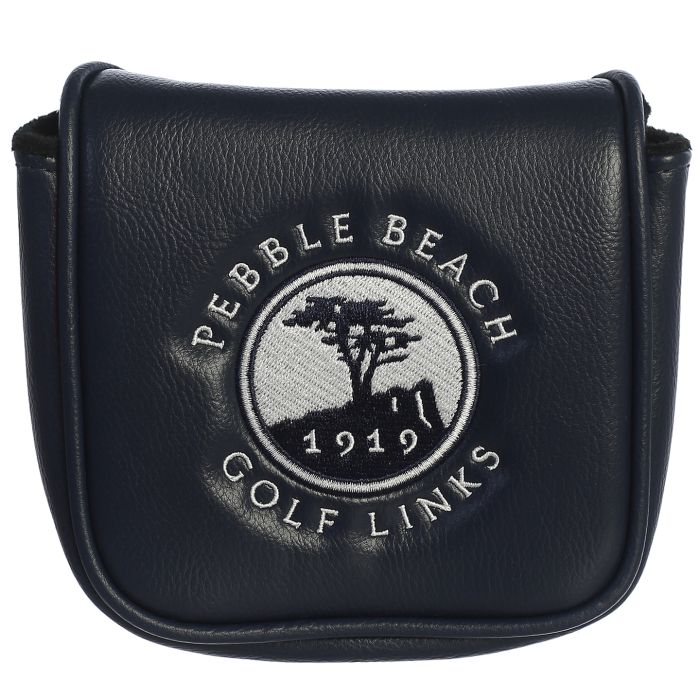 Black leather golf club head cover Pebble Beach Golf Links logo on a white background