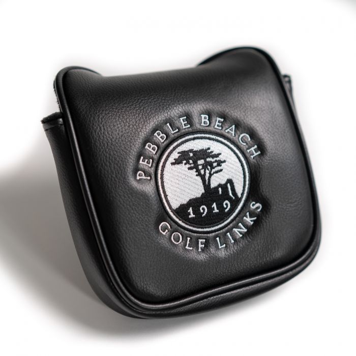 Black leather golf club head with Pebble Beach Golf Links logo on a white background