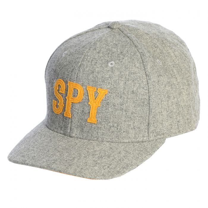 Gray cap with 'SPY' in yellow on a white background
