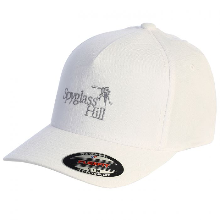 White cap with grey 'Spyglass Hill' logo on a white background