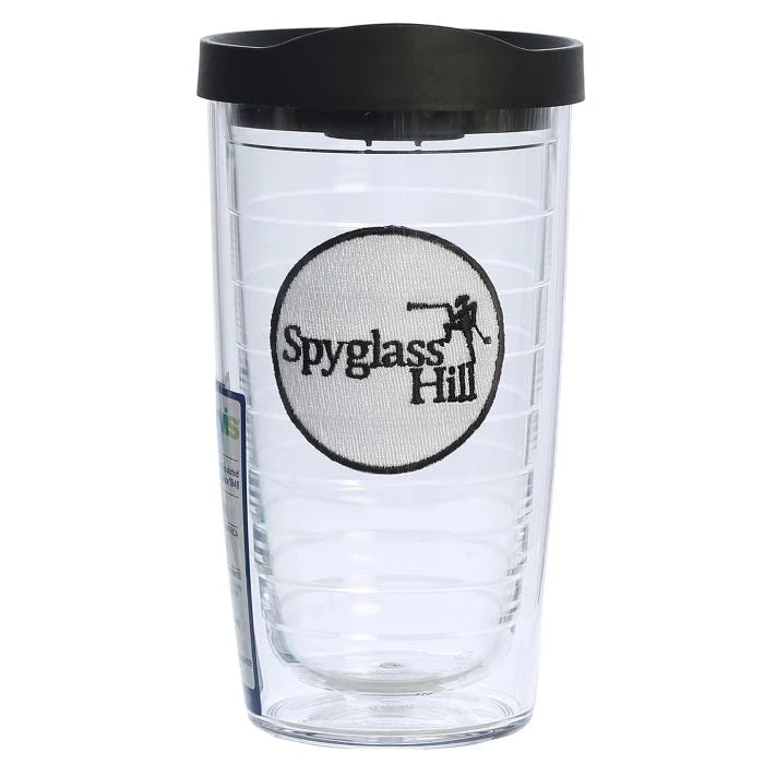 Clear tumbler with black lid featuring 'Spyglass Hill' logo on a white background