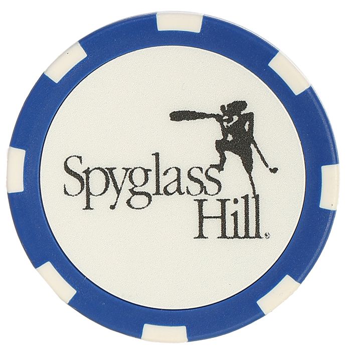 Blue and white Poker chip with 'Spyglass Hill' logo on a white background