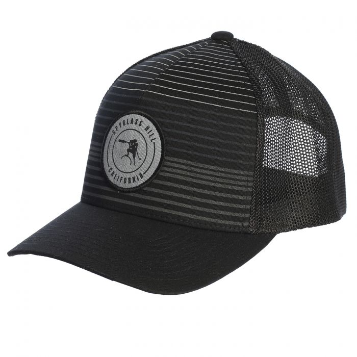 Black and gray striped cap with a spyglass hill logo on a white background