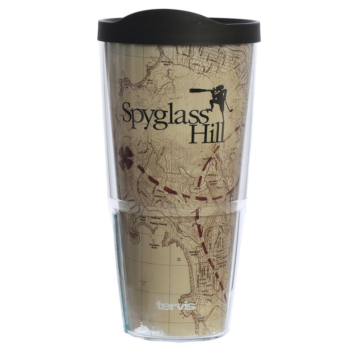 Tumbler with 'Spyglass Hill' design and black lid on a white background