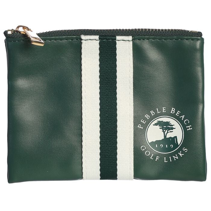 Green leather pouch with white stripe and Pebble Beach Golf Links logo on a white background