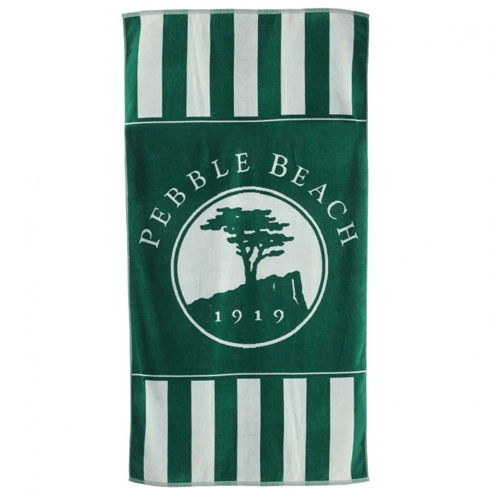 Green and white striped beach towel with Pebble Beach logo on a white background