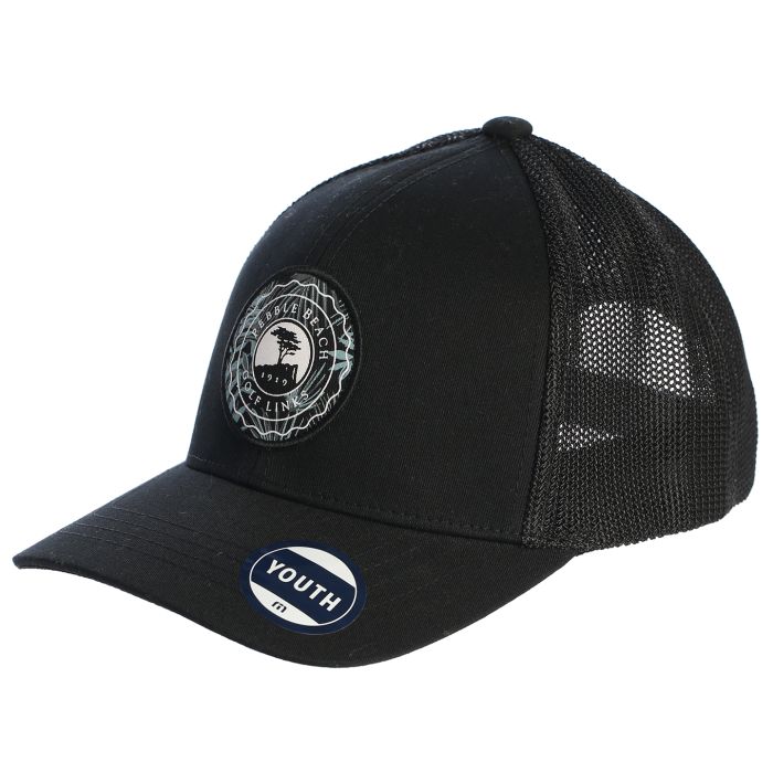 Black mesh cap with a pebble beach logo on a white background