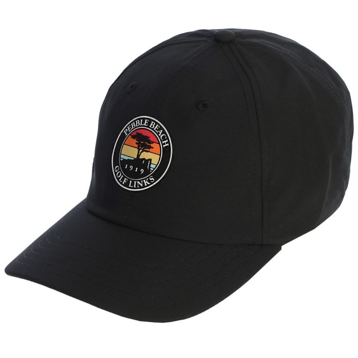 Black cap with a color full sunset and pebble beach logo on a white background