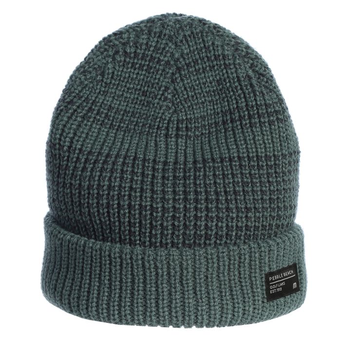 Green knit beanie with a small pebble beach label on a white background